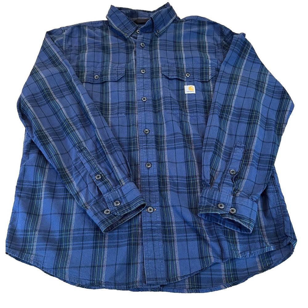 Carhartt Mens Loose Fit Long Sleeve Blue Flannel 100% Cotton Shirt Size M